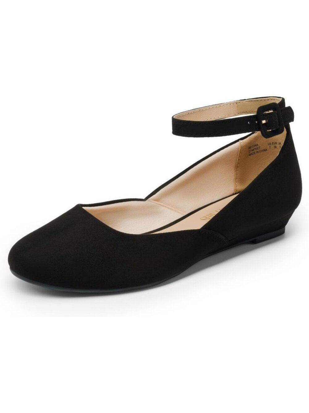 Women's Black Suede Comfortable Ballet Low Wedge Round Toe Ankle Strap Flats